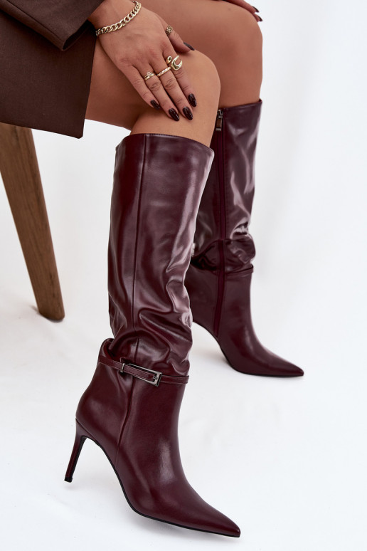 Bottes longues pour femmes avec talons fins et sangles couleur bordeaux Lisanne