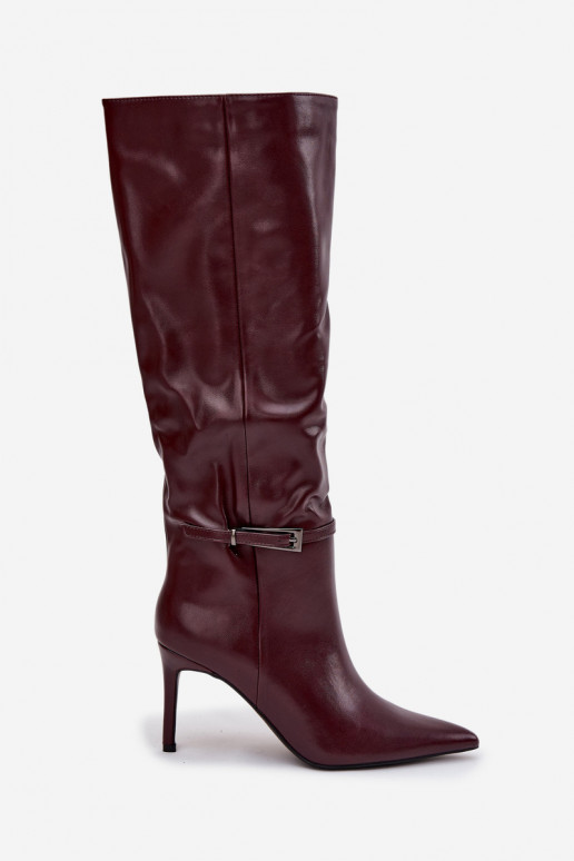 Bottes longues pour femmes avec talons fins et sangles couleur bordeaux Lisanne