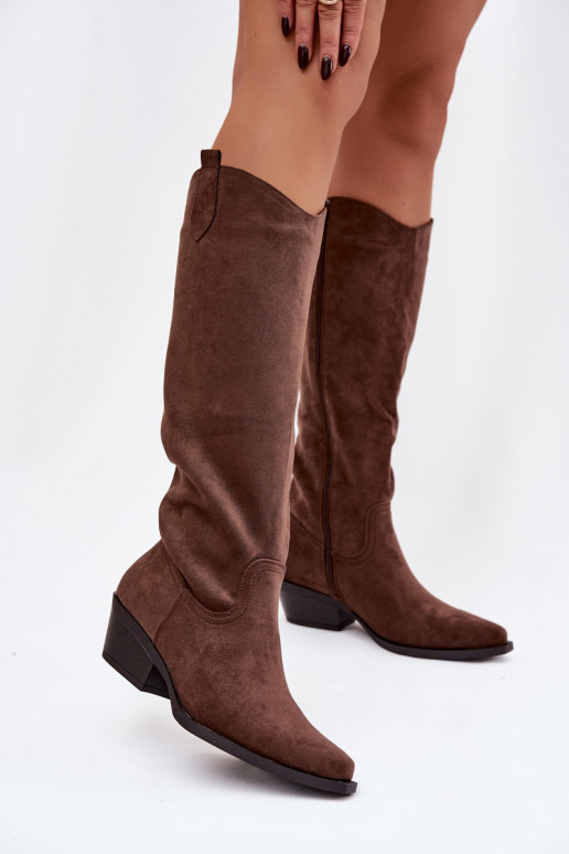 Bottes longues féminines de style cowboy avec talons en suède synthétique couleur marron Esmira