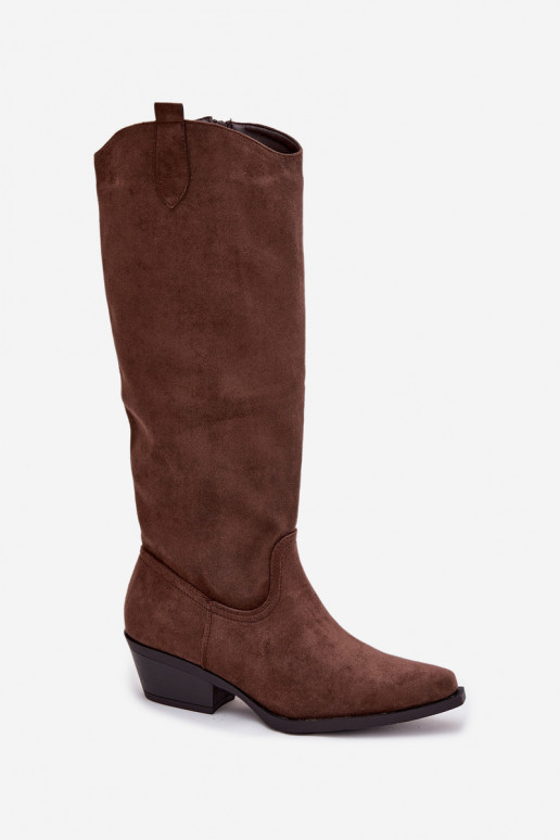 Bottes longues féminines de style cowboy avec talons en suède synthétique couleur marron Esmira