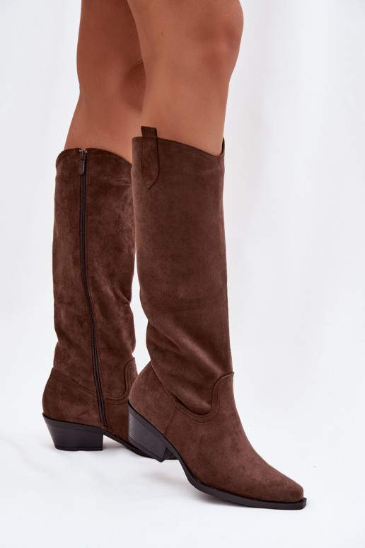 Bottes longues féminines de style cowboy avec talons en suède synthétique couleur marron Esmira