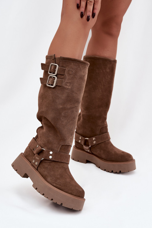 Bottes montantes pour femmes Big Star OO274A182 couleur sable, isolées, avec boucles en suède naturel