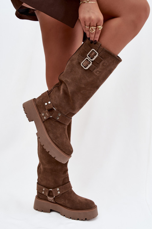 Bottes montantes pour femmes Big Star OO274A182 couleur sable, isolées, avec boucles en suède naturel