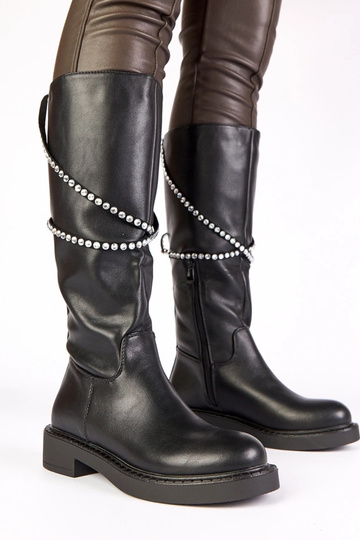 Bottes noires hautes avec un bracelet décoré de petits cailloux Roisin