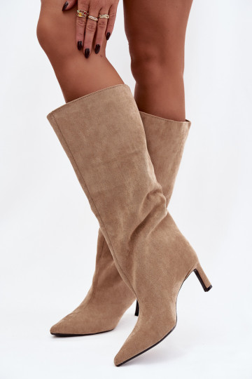 Bottes noires hautes pour femmes en suédine synthétique, à enfiler, avec talons fins, couleur sable Phelin