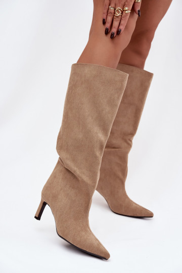 Bottes noires hautes pour femmes en suédine synthétique, à enfiler, avec talons fins, couleur sable Phelin 2