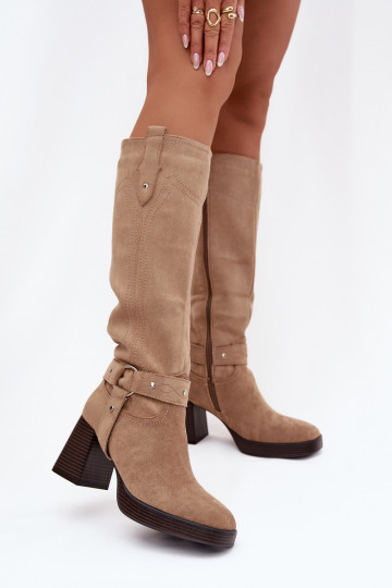 Bottes longues pour femmes avec talons et coutures doublées de couleur sable Alessara 2