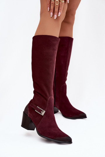 Bottes longues en cuir suédé avec talons et boucles doublées de couleur bordeaux Zazoo 70156 2