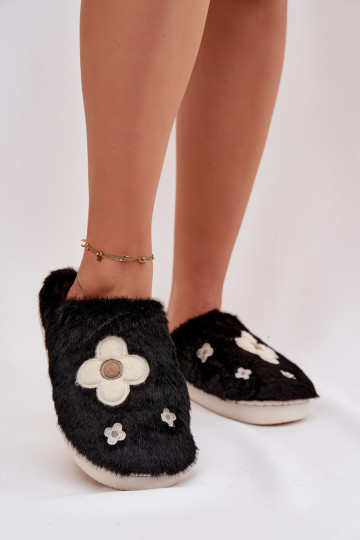 Mules Selinne noires avec fourrure et motifs floraux