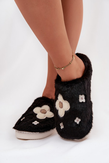 Mules Selinne noires avec fourrure et motifs floraux 2