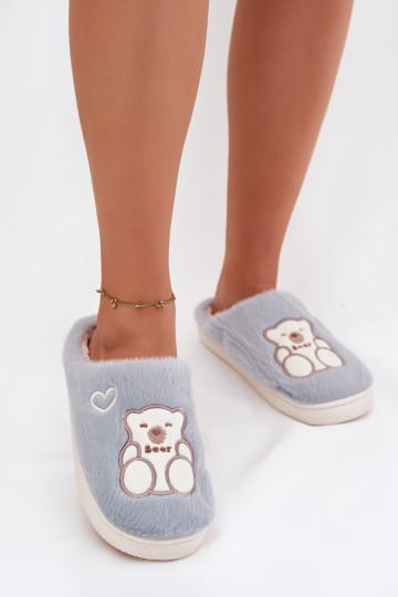 Mules Noralie bleues avec fourrure et ours en peluche