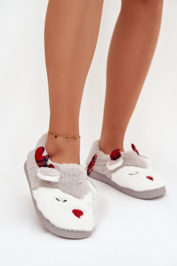 Chaussons Noël Féminin Avec un thème Renne avec un manteau de fourrure couleur grise Orsella 2