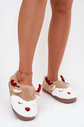 Chaussons Noël Féminin Avec un thème Renne avec un manteau de fourrure beige Orsella 2