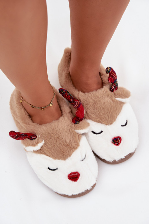 Chaussons Noël Féminin Avec un thème Renne avec un manteau de fourrure beige Orsella
