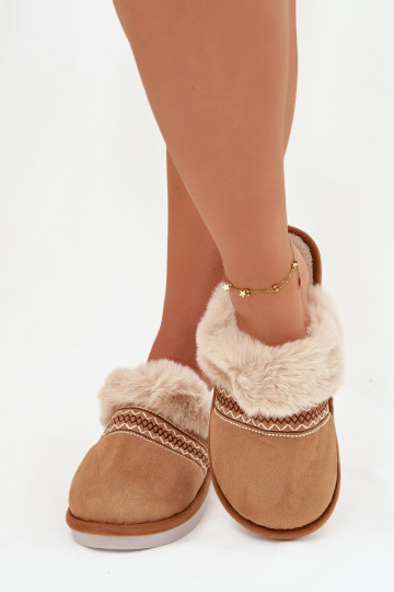 Mules Devianne brunes avec fourrure et broderie