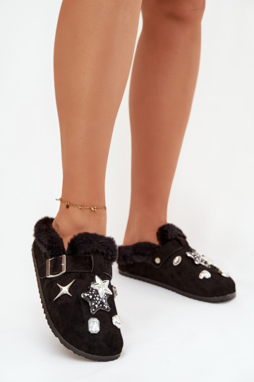 Chaussons pour femmes avec de beaux détails et boucles, doublés en fausse fourrure, noirs „Thalora"