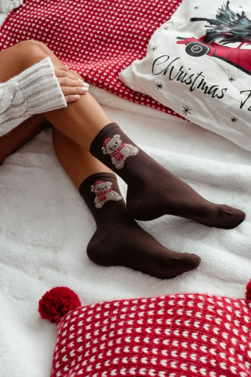 Chaussettes de Noël pour femmes avec des ours en peluche « Père Noël » couleur chocolat