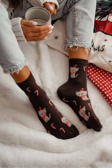 Chaussettes de Noël pour femmes avec des chats, couleur chocolat