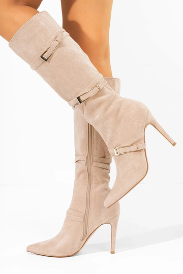 Bottes longues couleur sable à talon fin avec des boucles décoratives Sadie