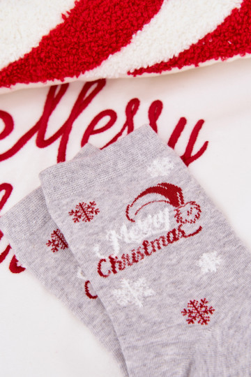 Chaussettes de Noël pour femmes grises avec flocons et inscription