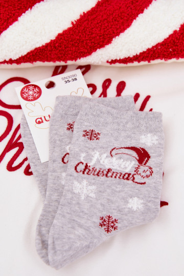 Chaussettes de Noël pour femmes grises avec flocons et inscription 2