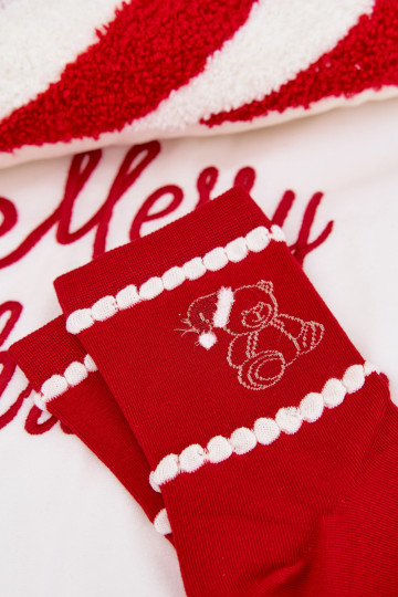 Chaussettes Féminin Noël Nounours Dans la couverture le père Noëla couleur rouge