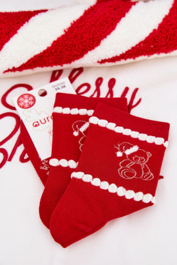 Chaussettes de Noël pour femmes rouges avec oursons et Père Noël 2