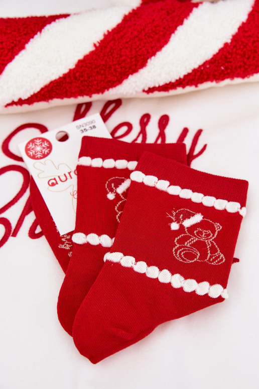 Chaussettes Féminin Noël Nounours Dans la couverture le père Noëla couleur rouge