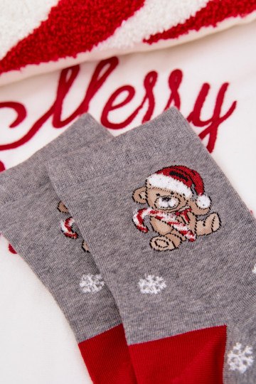 Chaussettes de Noël pour femmes grises avec flocons et oursons avec Père Noël