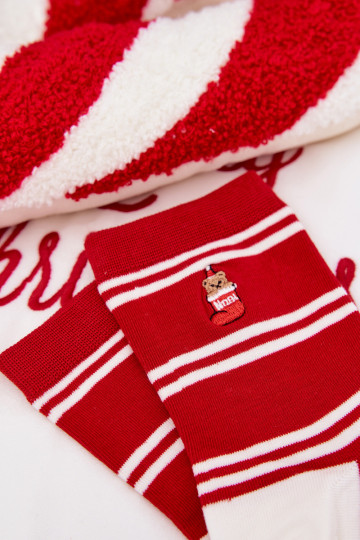 Chaussettes de Noël pour femmes rouges avec oursons et rayures