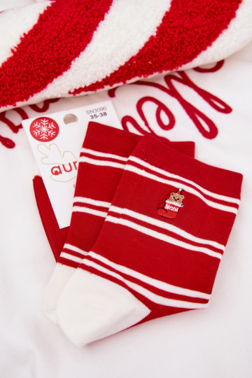 Chaussettes de Noël pour femmes rouges avec oursons et rayures 2
