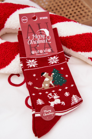 Chaussettes de Noël pour hommes rouges avec chat et sapins