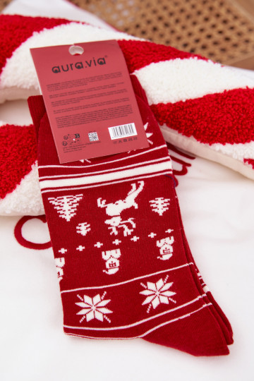 Chaussettes de Noël pour hommes rouges avec chat et sapins 2