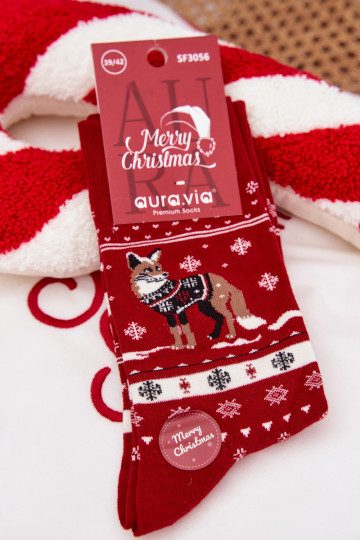 Chaussettes de Noël pour hommes rouges avec renard en pull