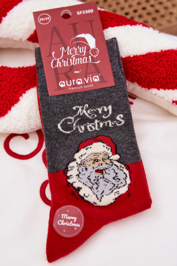Chaussettes de Noël pour hommes grises avec inscription et Père Noël riant