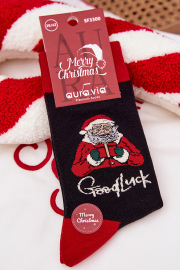 Chaussettes de Noël pour hommes avec inscription et Père Noël riant, noires