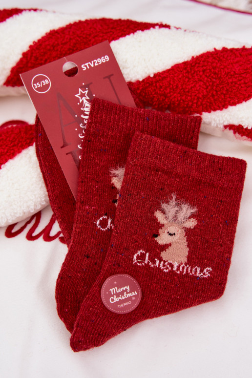 Chaussettes Féminin Noël avec des cerfs DANSełna Alpaga couleur rouge