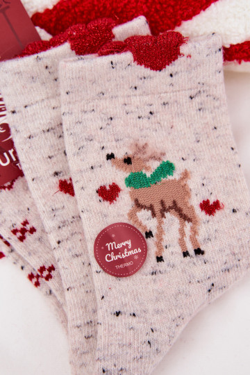 Chaussettes de Noël pour femmes avec des rennes et des cœurs, en laine, grises