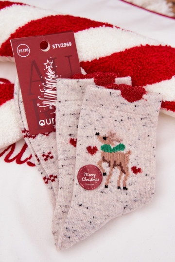 Chaussettes de Noël pour femmes avec des rennes et des cœurs, en laine, grises 2