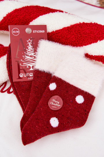 Chaussettes de Noël pour femmes avec de la fourrure et des pois, en laine, rouges 2