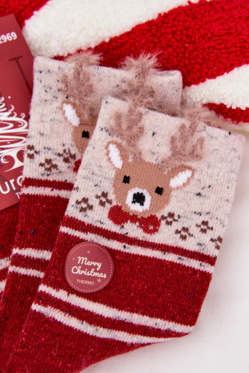 Chaussettes de Noël pour femmes avec des rennes et des rayures, en laine, rouges