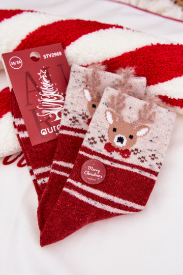 Chaussettes Féminin Noël avec des cerfs I Paskami DANSełna Alpaga couleur rouge 2