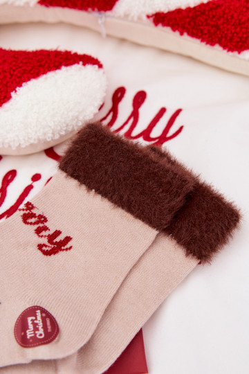 Chaussettes de Noël pour enfants avec de la fourrure et des rennes, en laine, beige