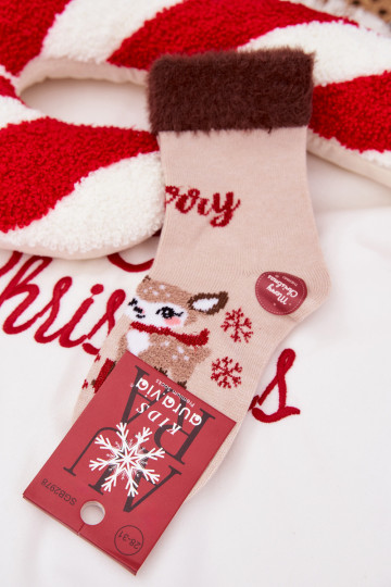 Chaussettes de Noël pour enfants avec de la fourrure et des rennes, en laine, beige 2