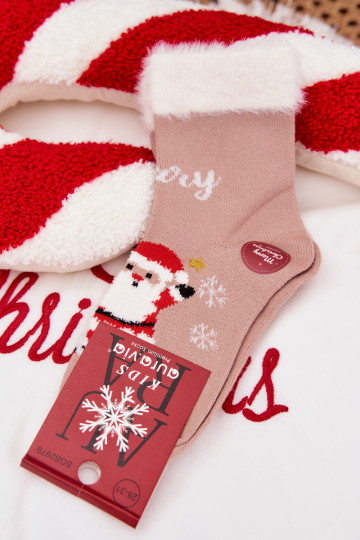 Chaussettes de Noël pour enfants avec de la fourrure et le Père Noël, en laine, beige 2