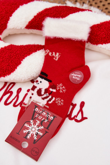 Chaussettes de Noël pour enfants avec de la fourrure et un bonhomme de neige, en laine, rouges 2