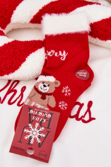 Chaussettes de Noël pour enfants avec de la fourrure et des ours en peluche, en laine, rouges 2