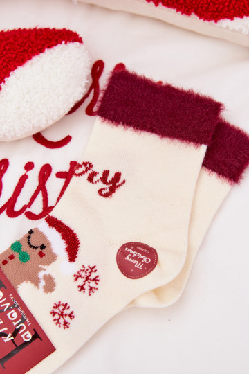 Chaussettes de Noël pour enfants avec un bonbon en pain d'épice et de la fourrure, en laine, couleur ivoire