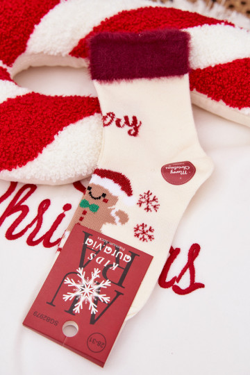Chaussettes de Noël pour enfants avec un bonbon en pain d'épice et de la fourrure, en laine, couleur ivoire 2