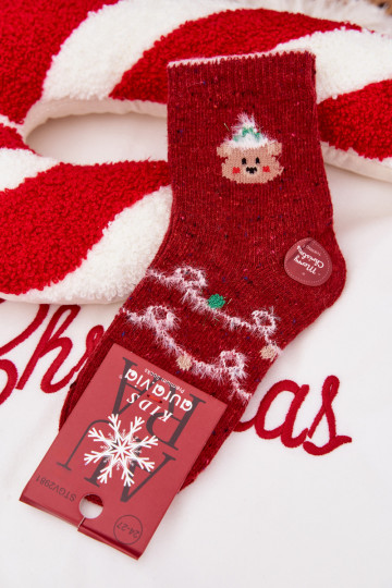 Chaussettes de Noël pour enfants avec un ours en peluche, en laine, rouges 2